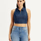Women's Solid Dark Blue Spread Collar Top - Front View