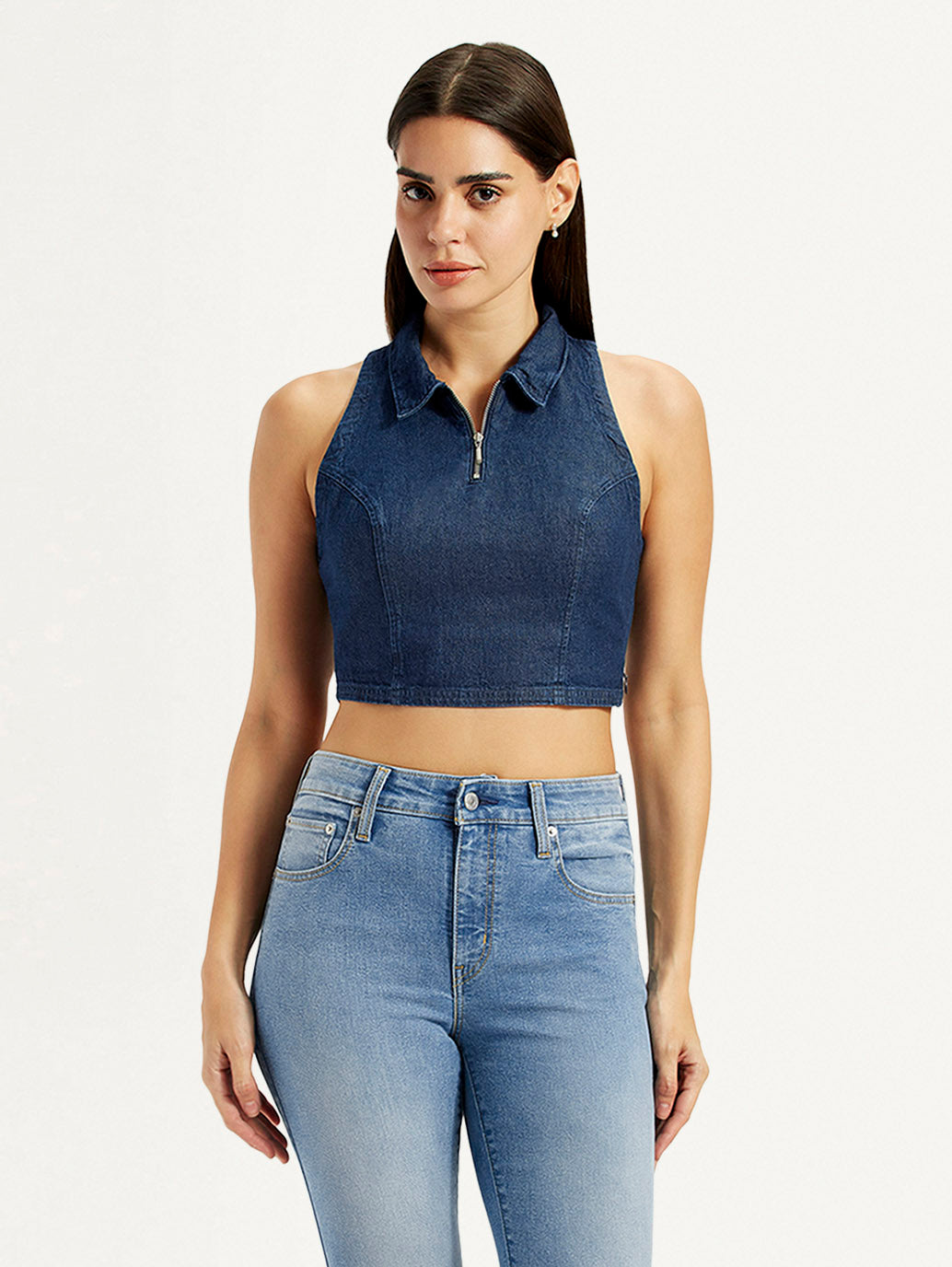 Women's Solid Dark Blue Spread Collar Top - Front View