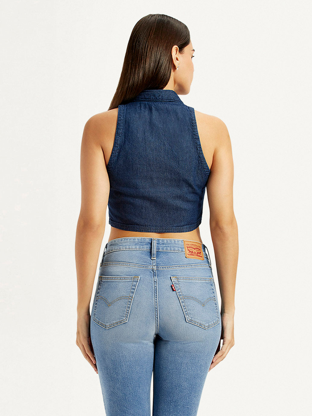 Women's Solid Dark Blue Spread Collar Top - Back View