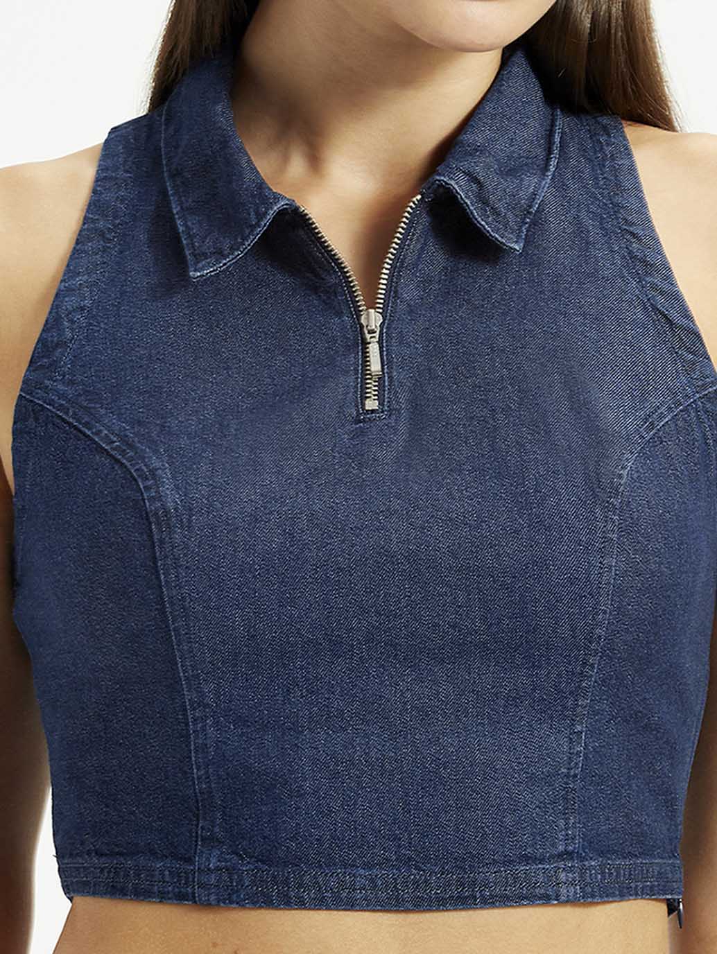Women's Solid Dark Blue Spread Collar Top - Detail View