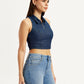 Women's Solid Dark Blue Spread Collar Top - Side View
