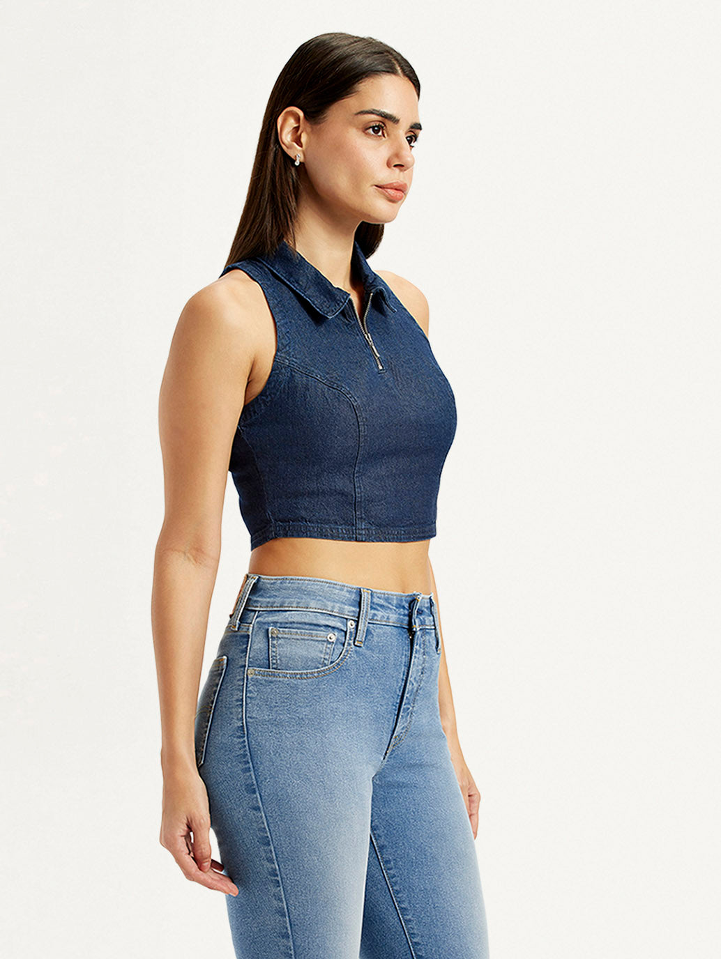 Women's Solid Dark Blue Spread Collar Top - Side View