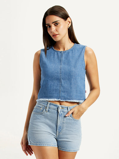 Women's Solid Blue Round Neck Top