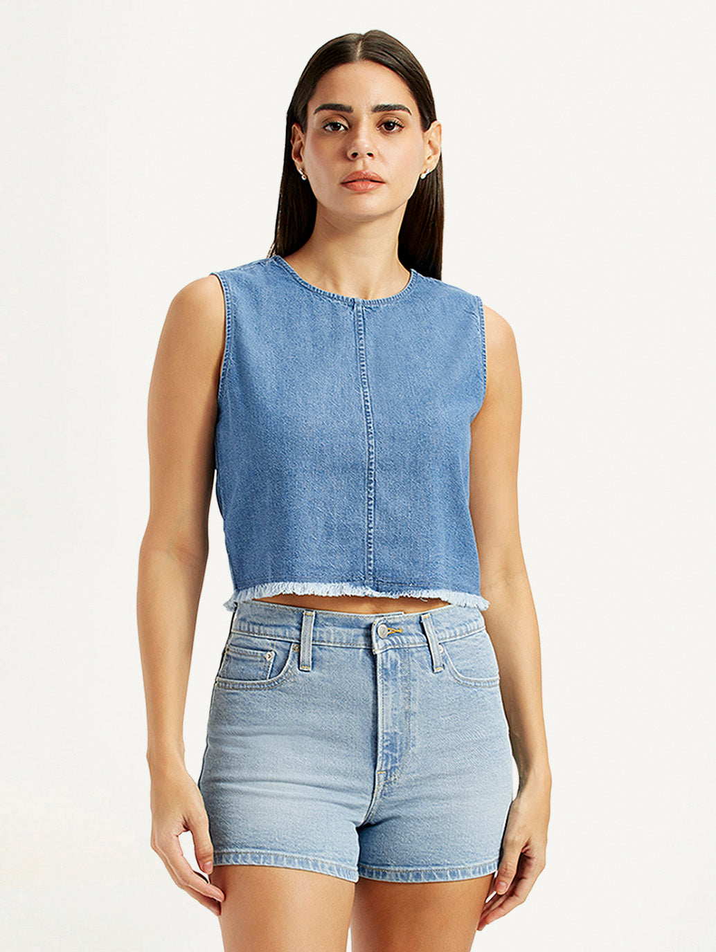 Women's Solid Blue Round Neck Top - Front View