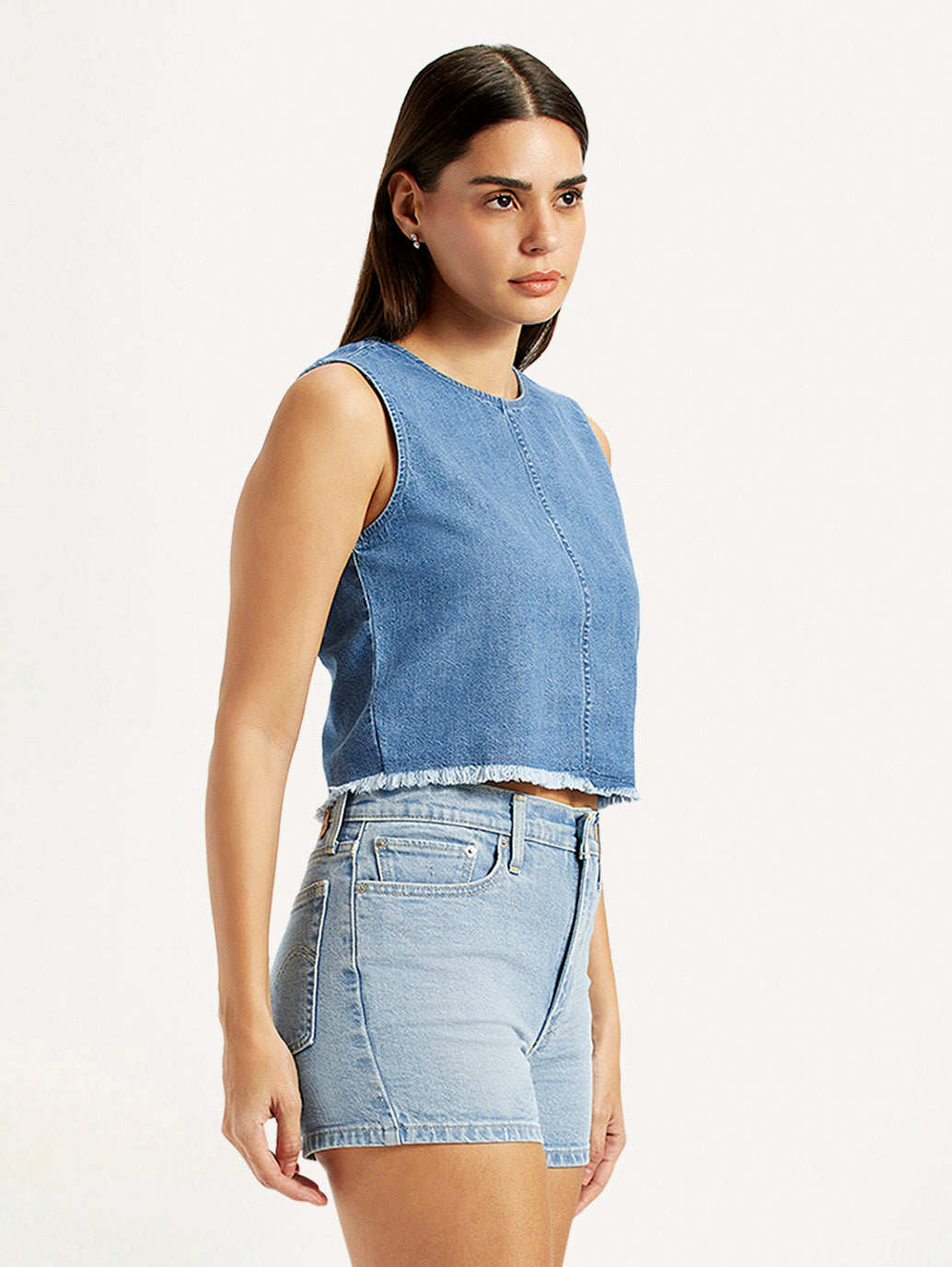 Women's Solid Blue Round Neck Top - Side View