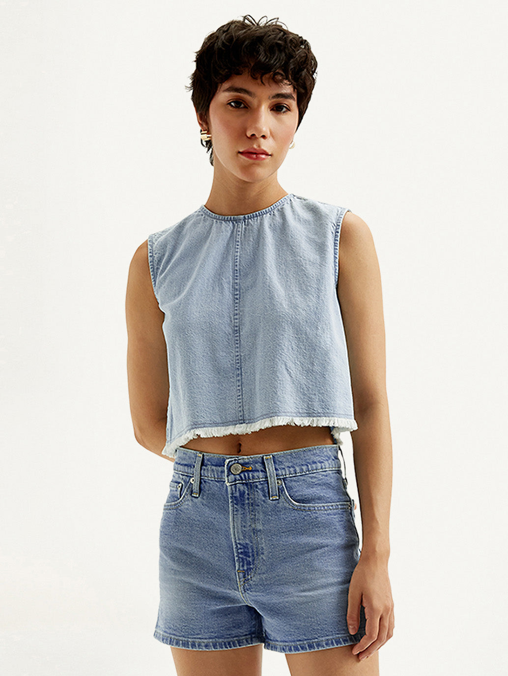 Women's Solid Light Blue Round Neck Denim Crop Top - Styleshot View