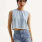 Women's Solid Light Blue Round Neck Denim Crop Top - Front View