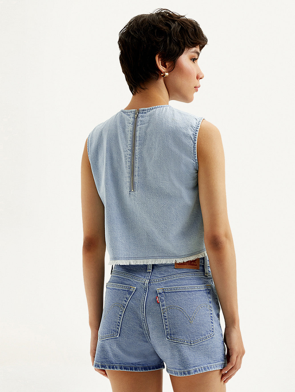 Women's Solid Light Blue Round Neck Denim Crop Top - Back View