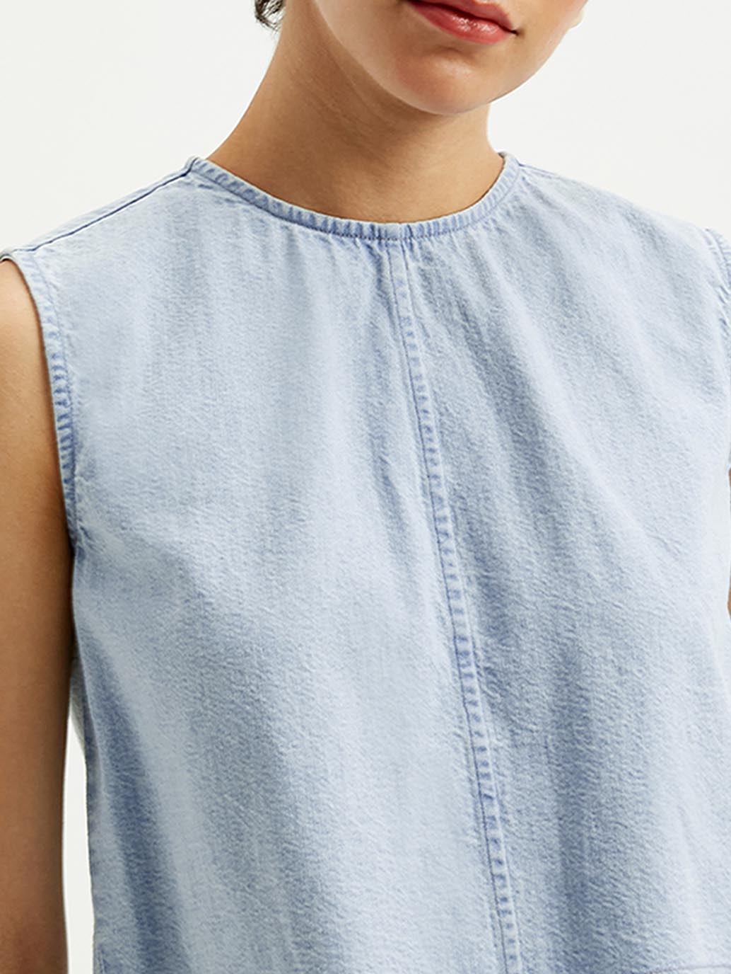 Women's Solid Light Blue Round Neck Denim Crop Top - Detail View