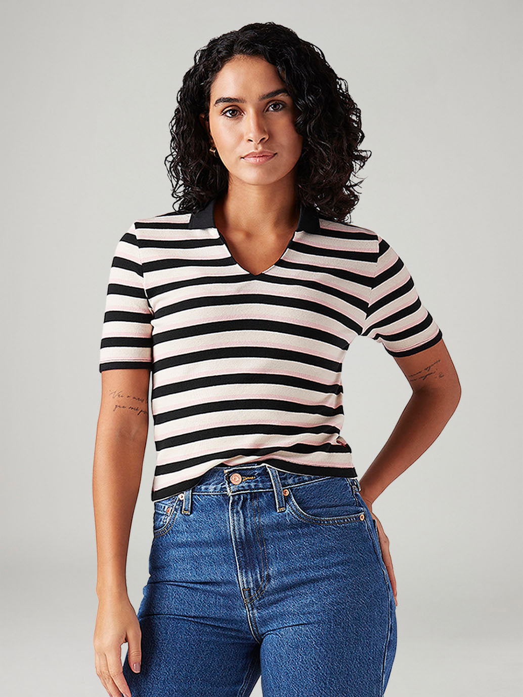 Women's Striped White Slim Fit Polo T-shirt