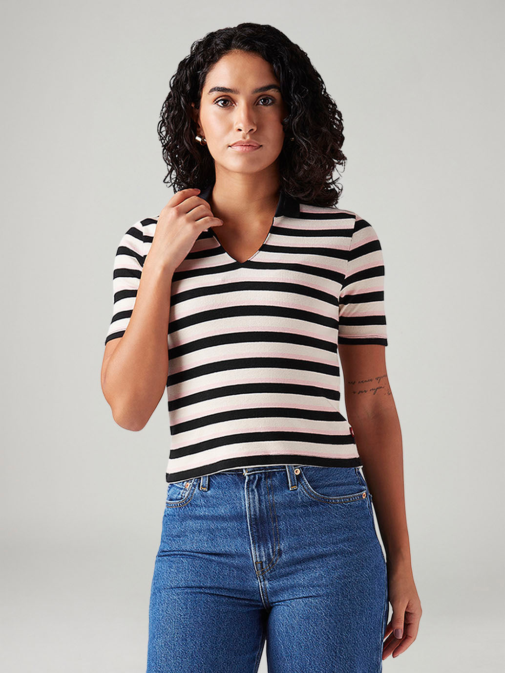 Women's Striped White Slim Fit Polo T-shirt - Front View
