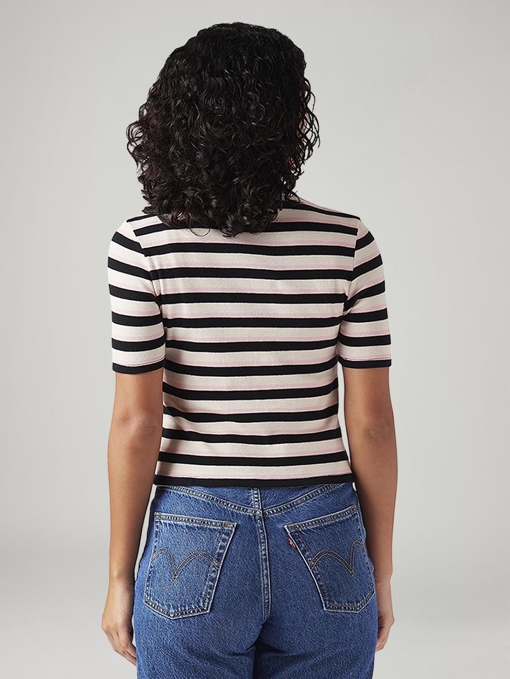 Women's Striped White Slim Fit Polo T-shirt - Back View