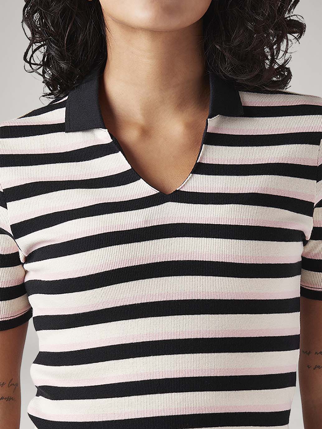 Women's Striped White Slim Fit Polo T-shirt - 20 View