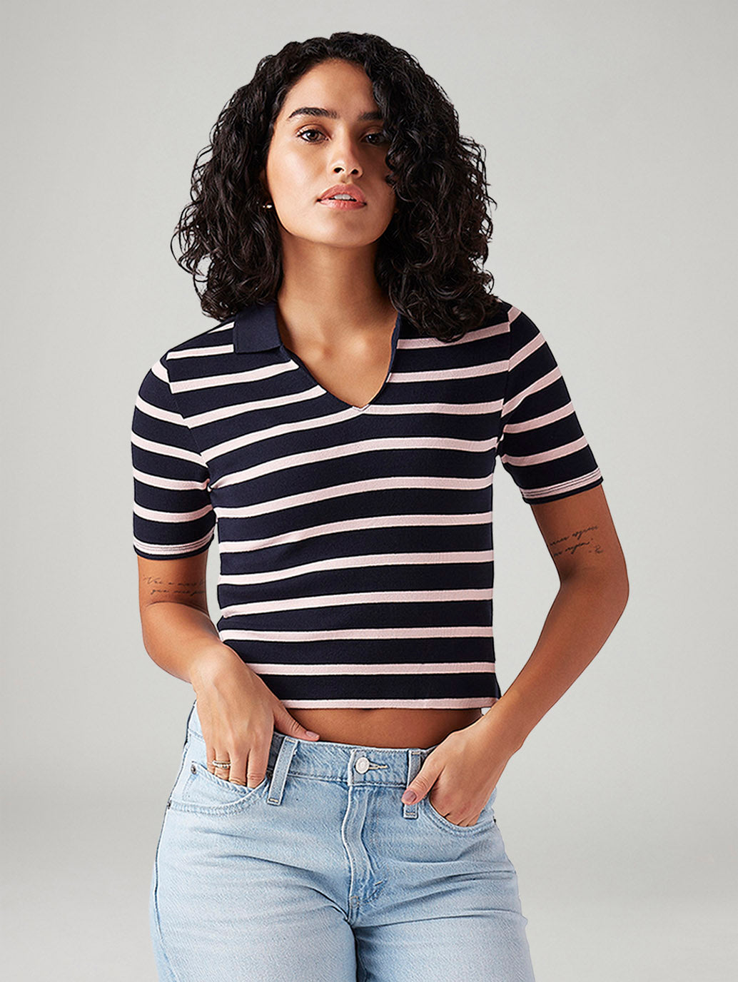Women's Striped Navy Slim Fit Polo T-shirt