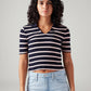 Women's Striped Navy Slim Fit Polo T-shirt - Front View