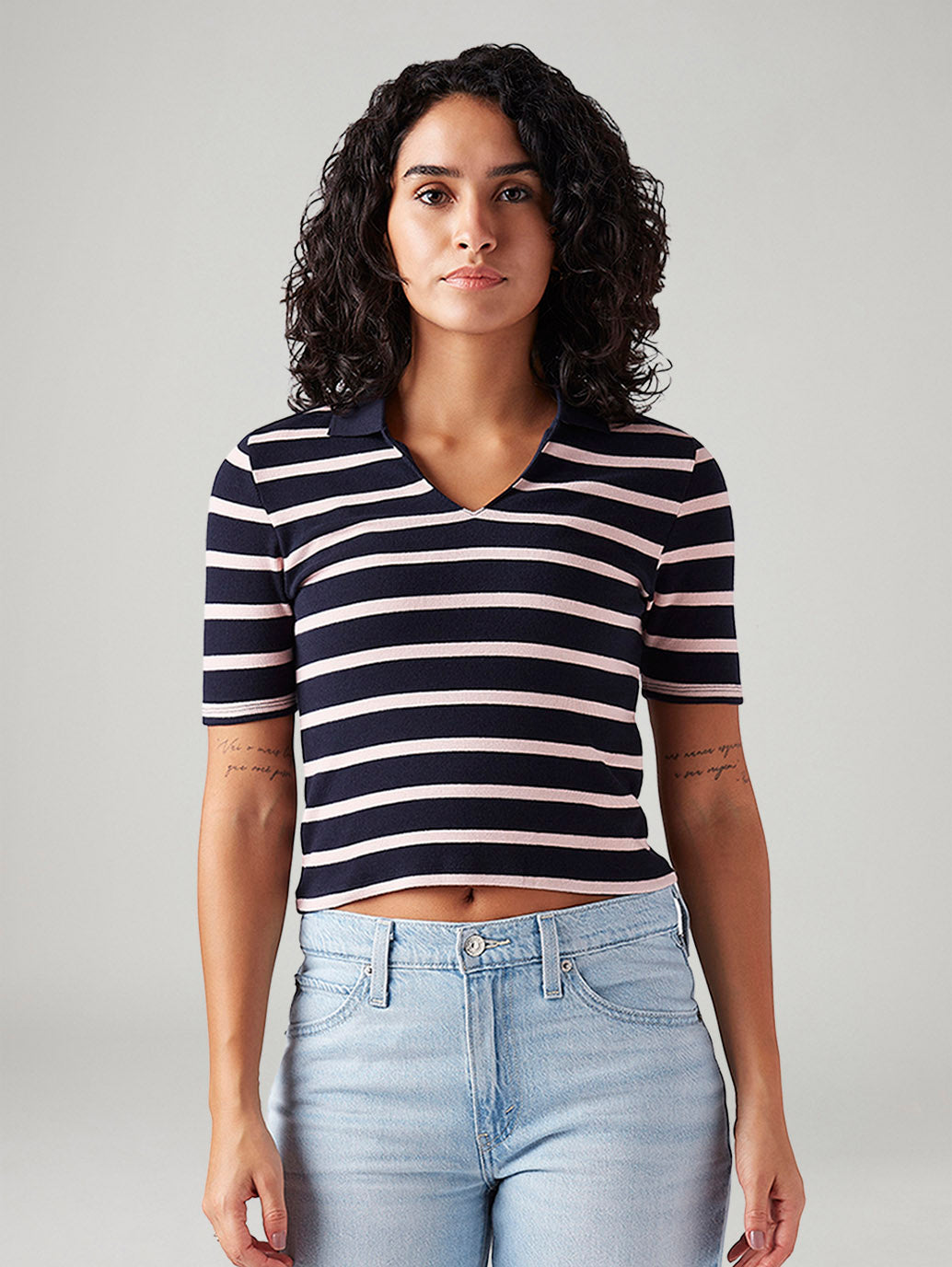 Women's Striped Navy Slim Fit Polo T-shirt - Front View