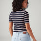 Women's Striped Navy Slim Fit Polo T-shirt - Back View