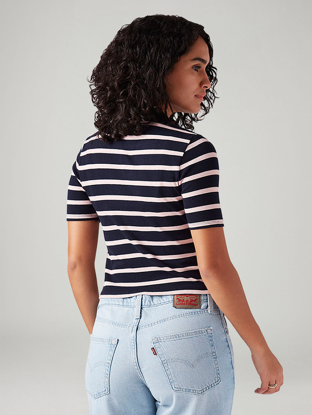 Women's Striped Navy Slim Fit Polo T-shirt - Back View