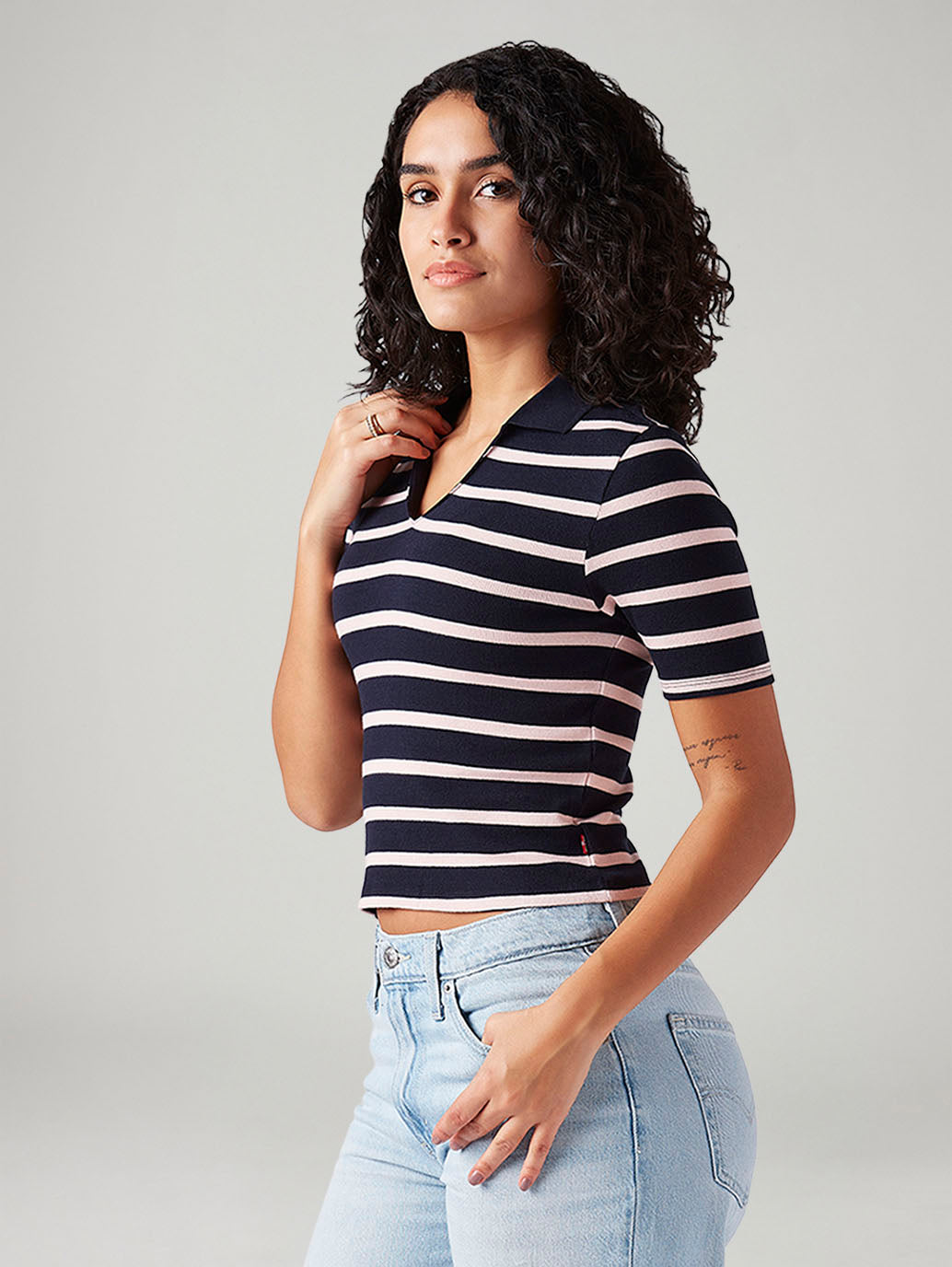 Women's Striped Navy Slim Fit Polo T-shirt - Side View