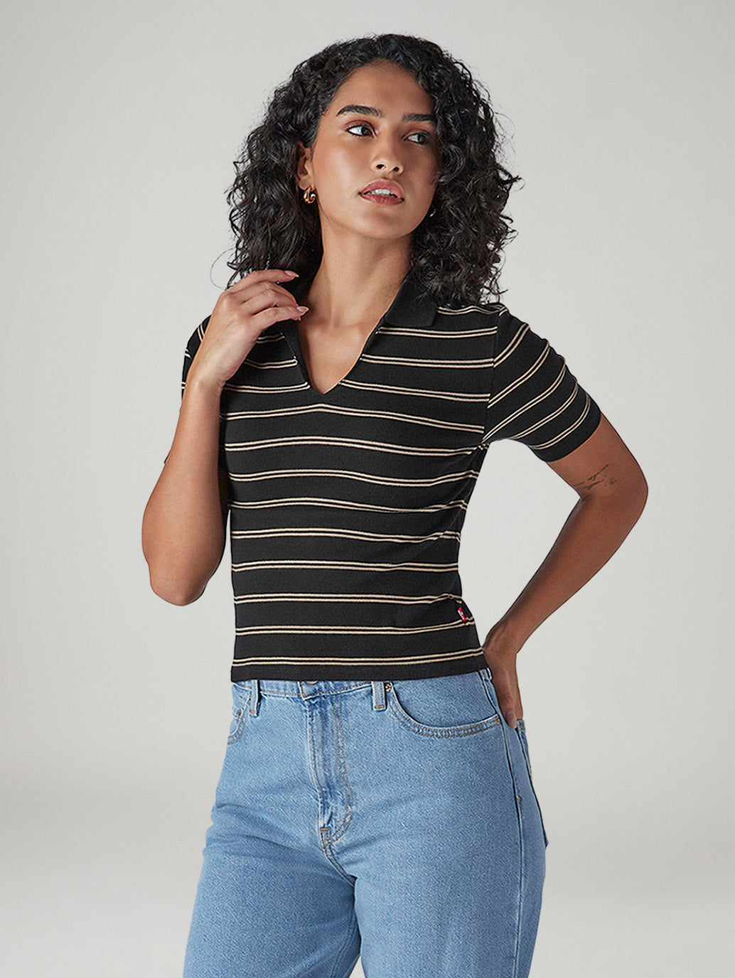 Women's Striped Black Slim Fit Ribbed Polo T-shirt