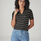 Women's Striped Black Slim Fit Ribbed Polo T-shirt - Front View