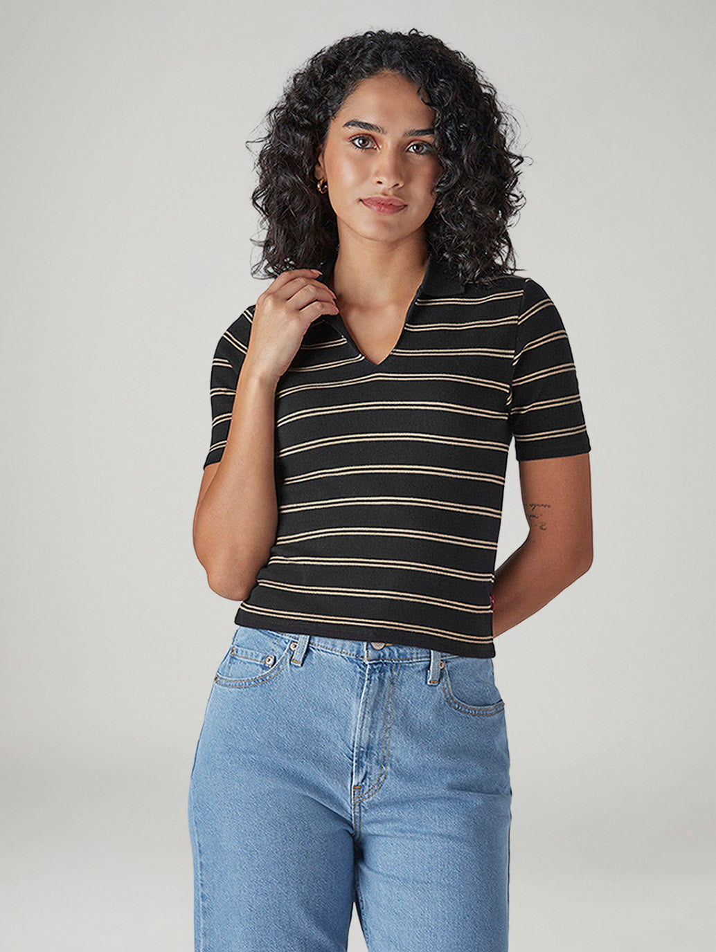 Women's Striped Black Slim Fit Ribbed Polo T-shirt - Front View