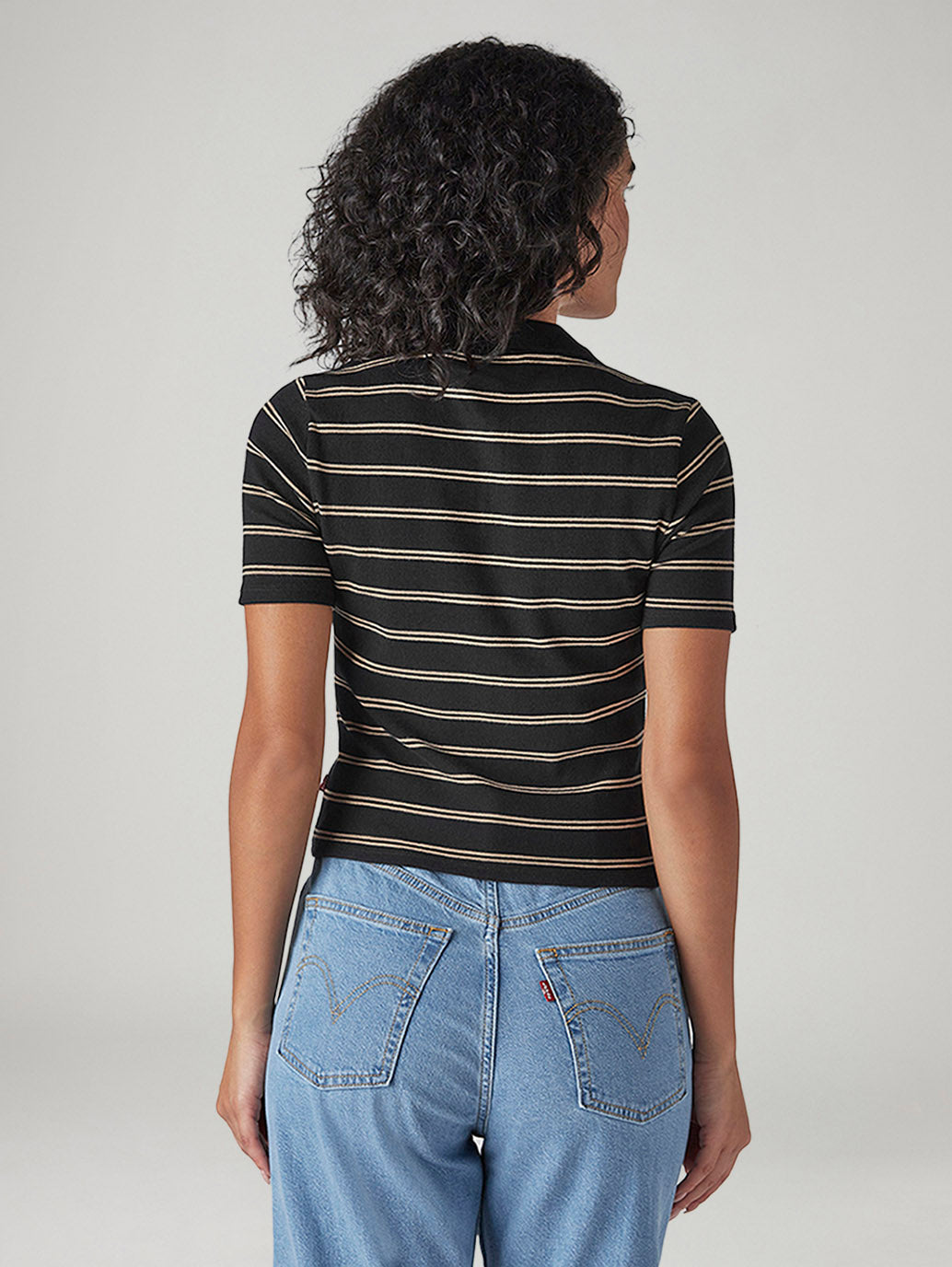 Women's Striped Black Slim Fit Ribbed Polo T-shirt - Back View
