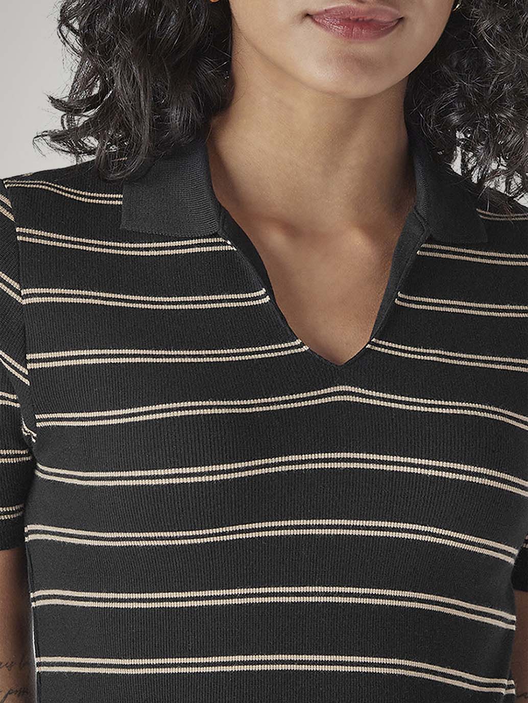 Women's Striped Black Slim Fit Ribbed Polo T-shirt - 20 View