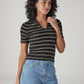 Women's Striped Black Slim Fit Ribbed Polo T-shirt - Side View
