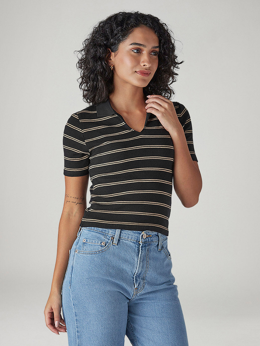 Women's Striped Black Slim Fit Ribbed Polo T-shirt - Side View