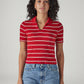 Women's Striped Red Slim Fit Ribbed Polo T-shirt - Front View