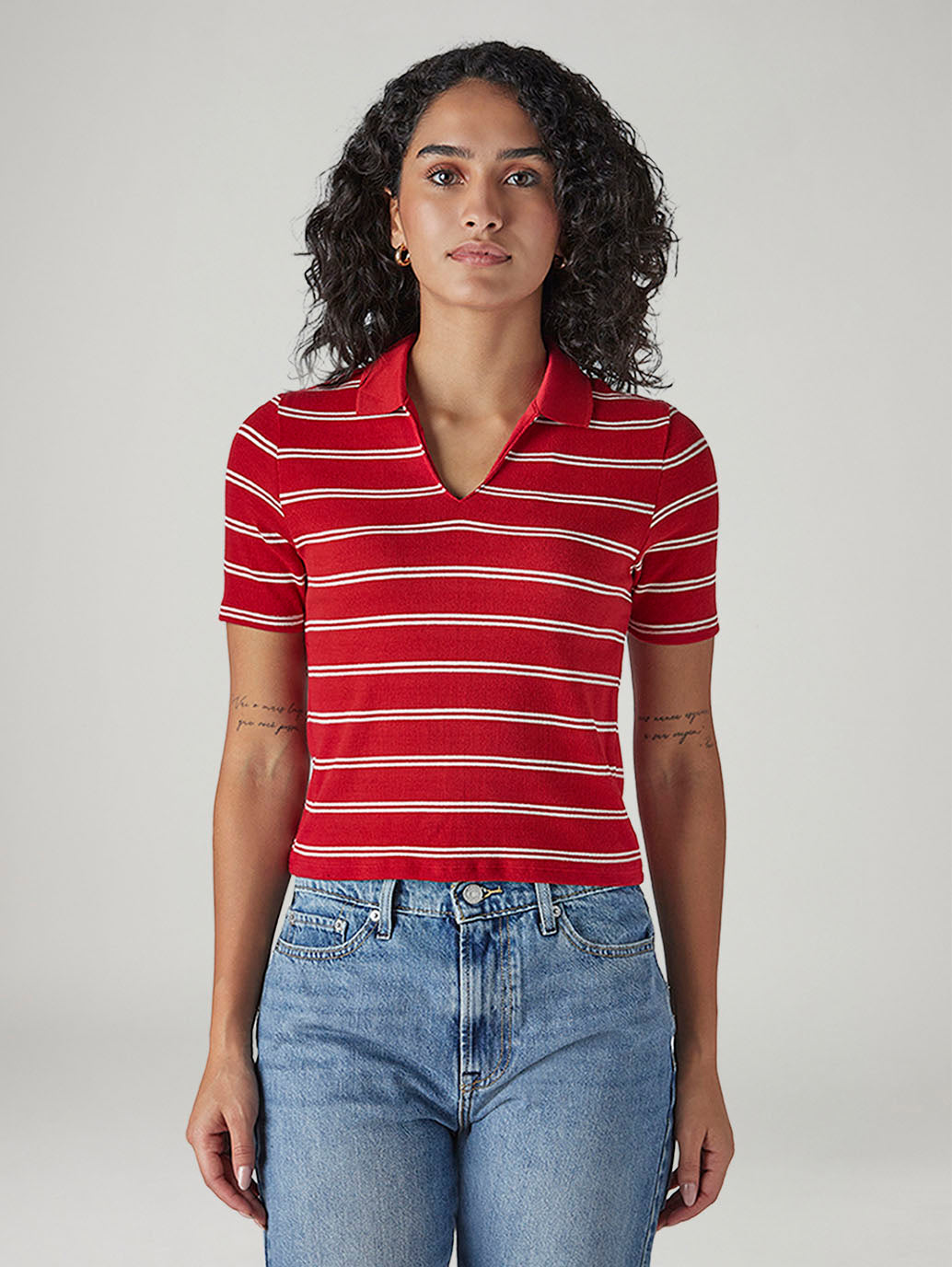 Women's Striped Red Slim Fit Ribbed Polo T-shirt - Front View