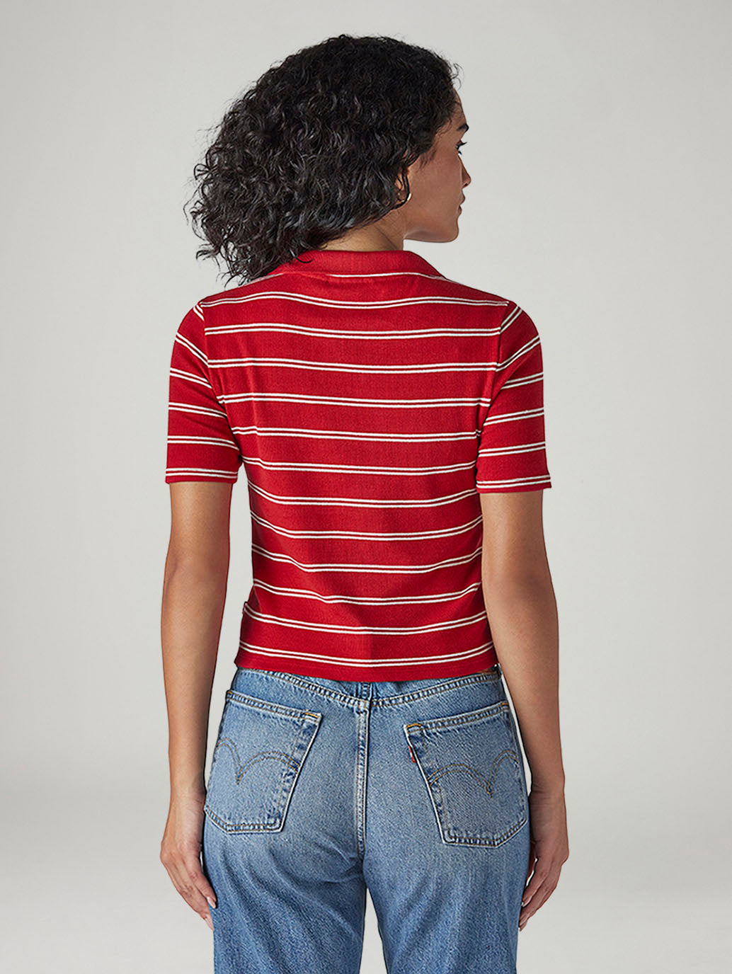 Women's Striped Red Slim Fit Ribbed Polo T-shirt - Back View