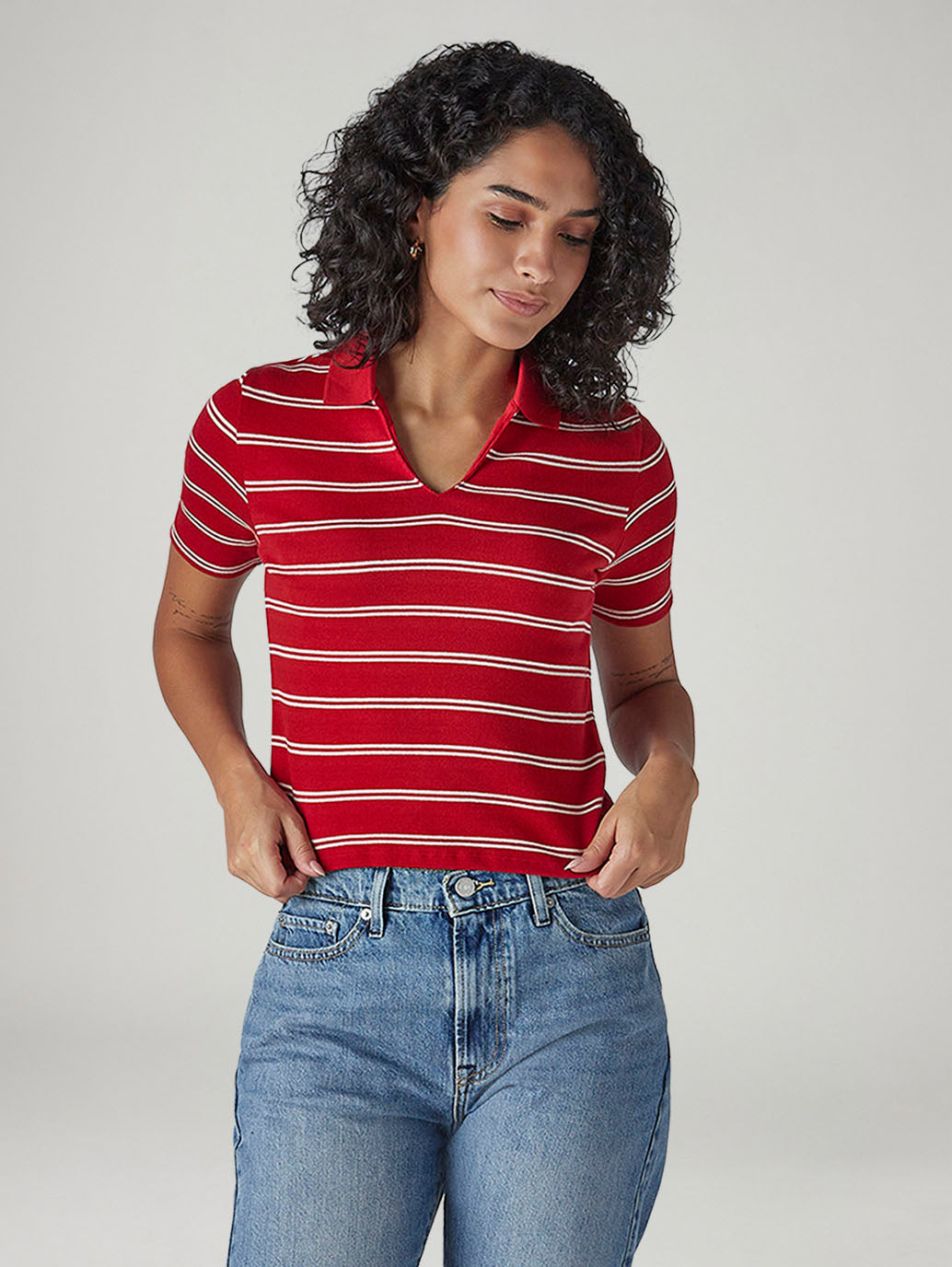 Women's Striped Red Slim Fit Ribbed Polo T-shirt