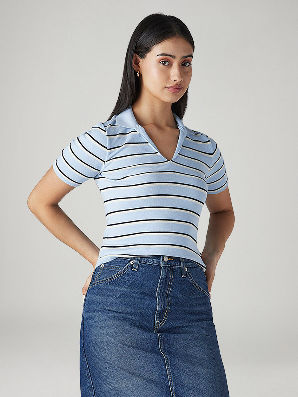 Women's Striped Light Blue Slim Fit Ribbed Polo T-shirt