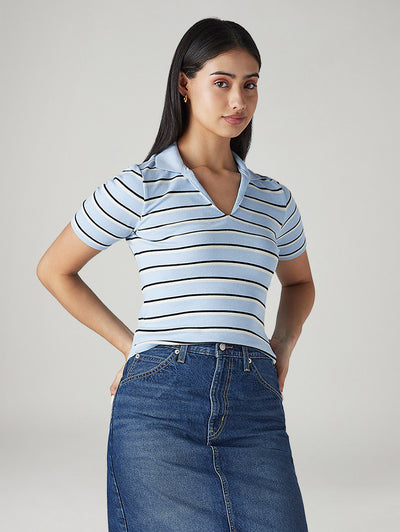 levi's Women's Striped Light Blue Slim Fit Ribbed Polo T-shirt-picture-34