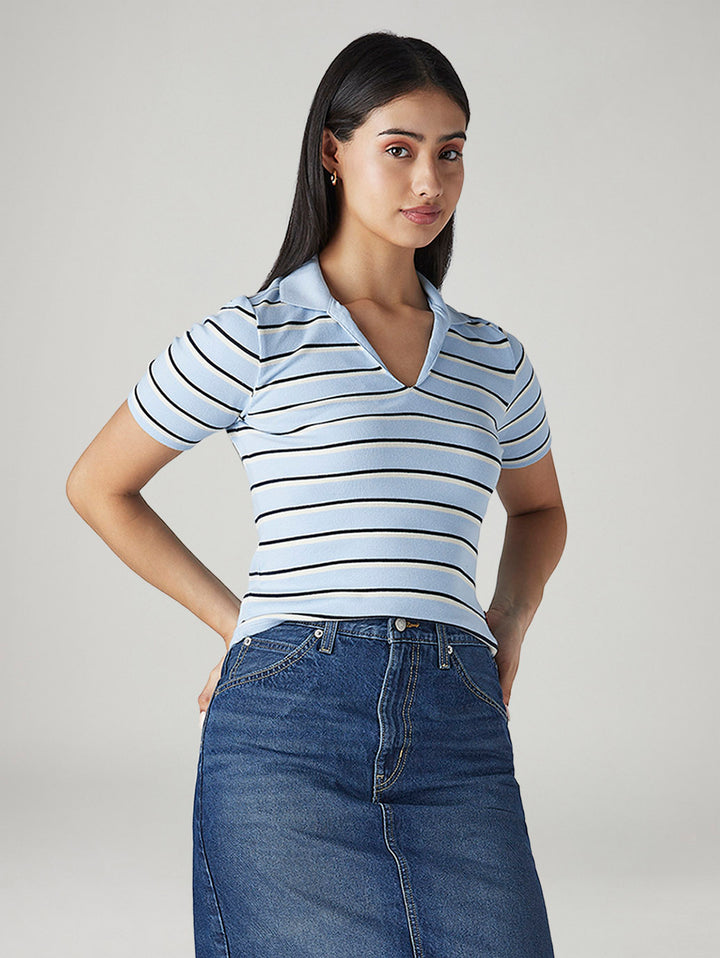 Women's Striped Light Blue Slim Fit Ribbed Polo T-shirt