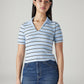 Women's Striped Light Blue Slim Fit Ribbed Polo T-shirt - Front View
