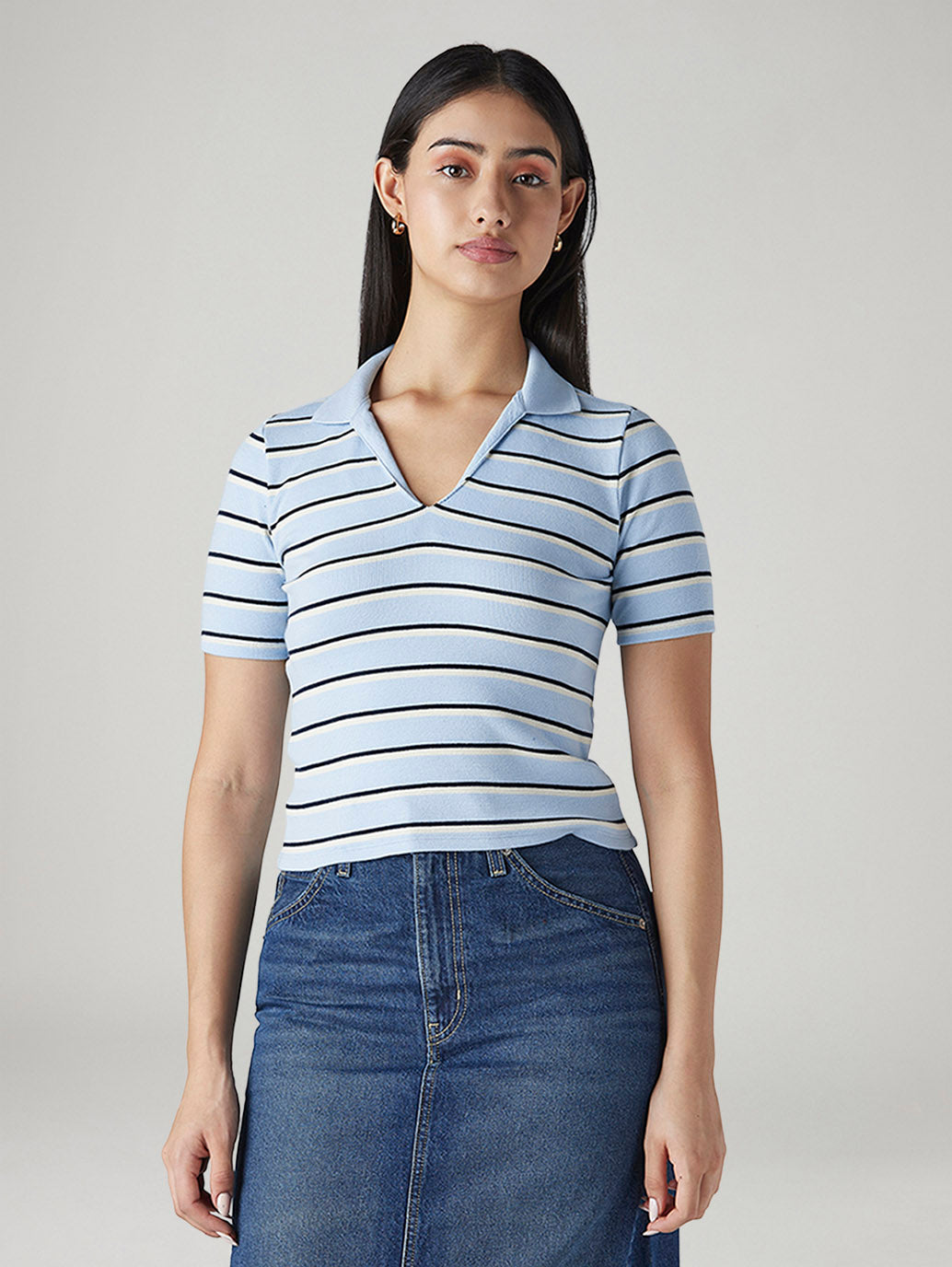 Women's Striped Light Blue Slim Fit Ribbed Polo T-shirt - Front View
