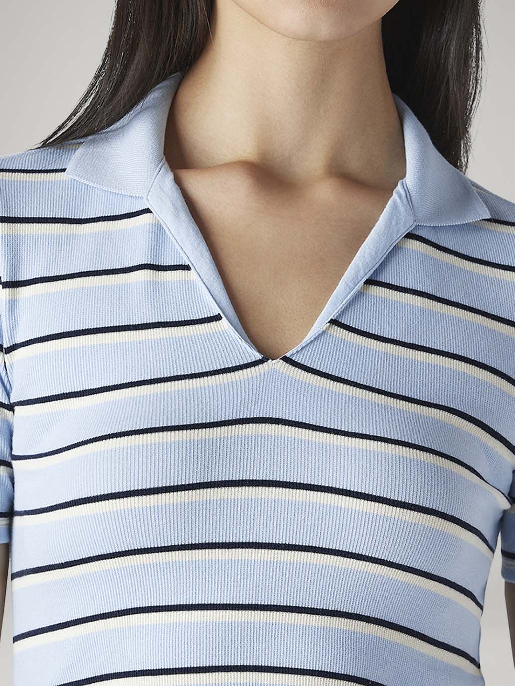 Women's Striped Light Blue Slim Fit Ribbed Polo T-shirt - Detail View
