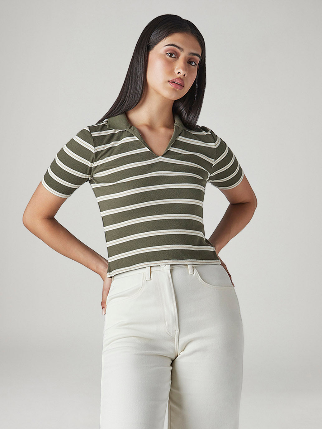 Women's Striped Olive Slim Fit Ribbed Polo T-shirt