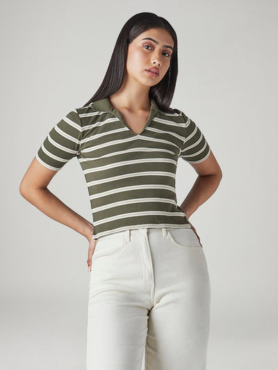 Women's Striped Olive Slim Fit Ribbed Polo T-shirt-image-28