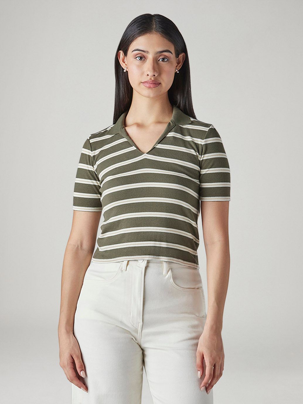 Women's Striped Olive Slim Fit Ribbed Polo T-shirt - Front View