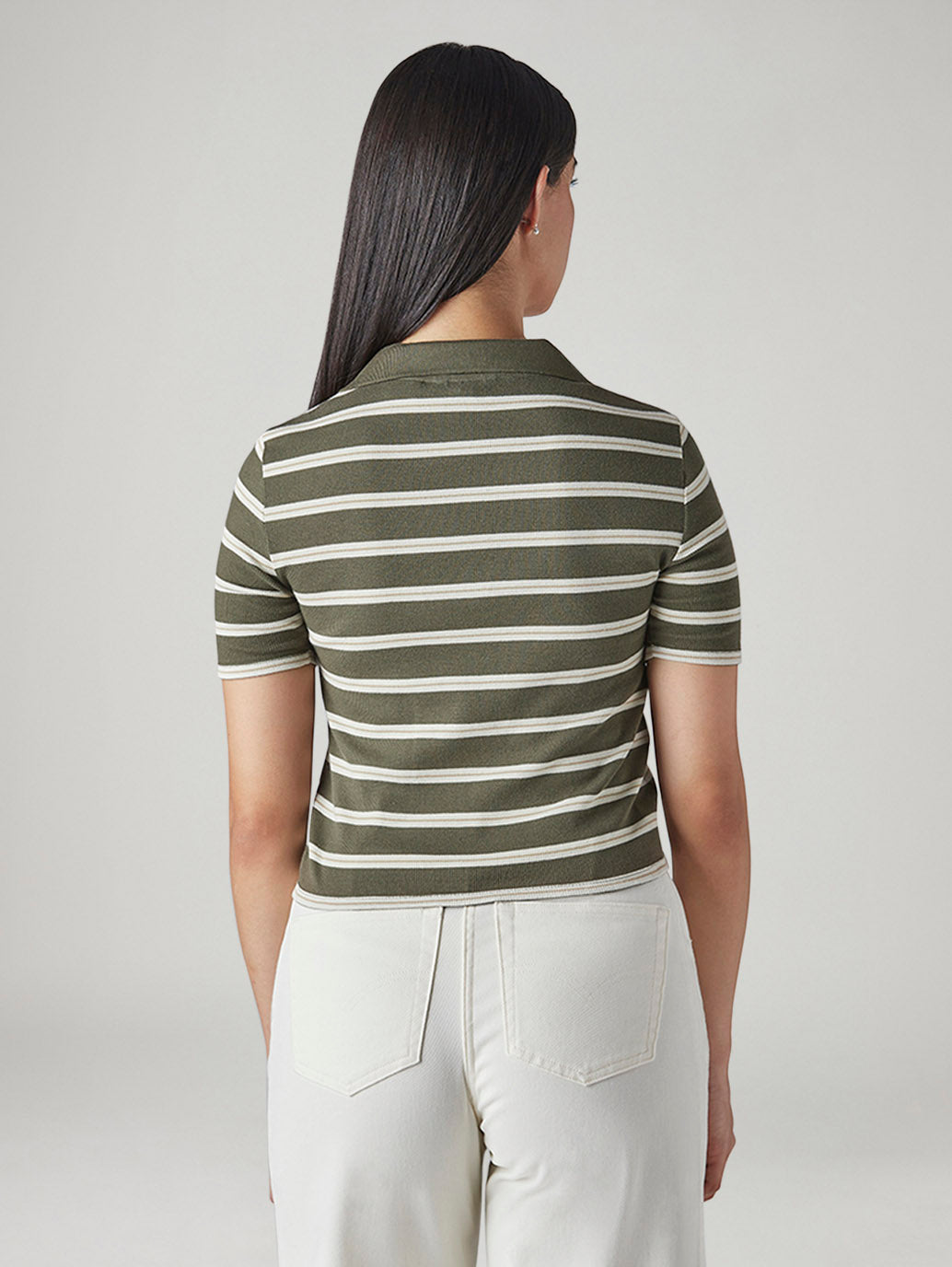 Women's Striped Olive Slim Fit Ribbed Polo T-shirt - Back View