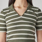 Women's Striped Olive Slim Fit Ribbed Polo T-shirt - Detail View
