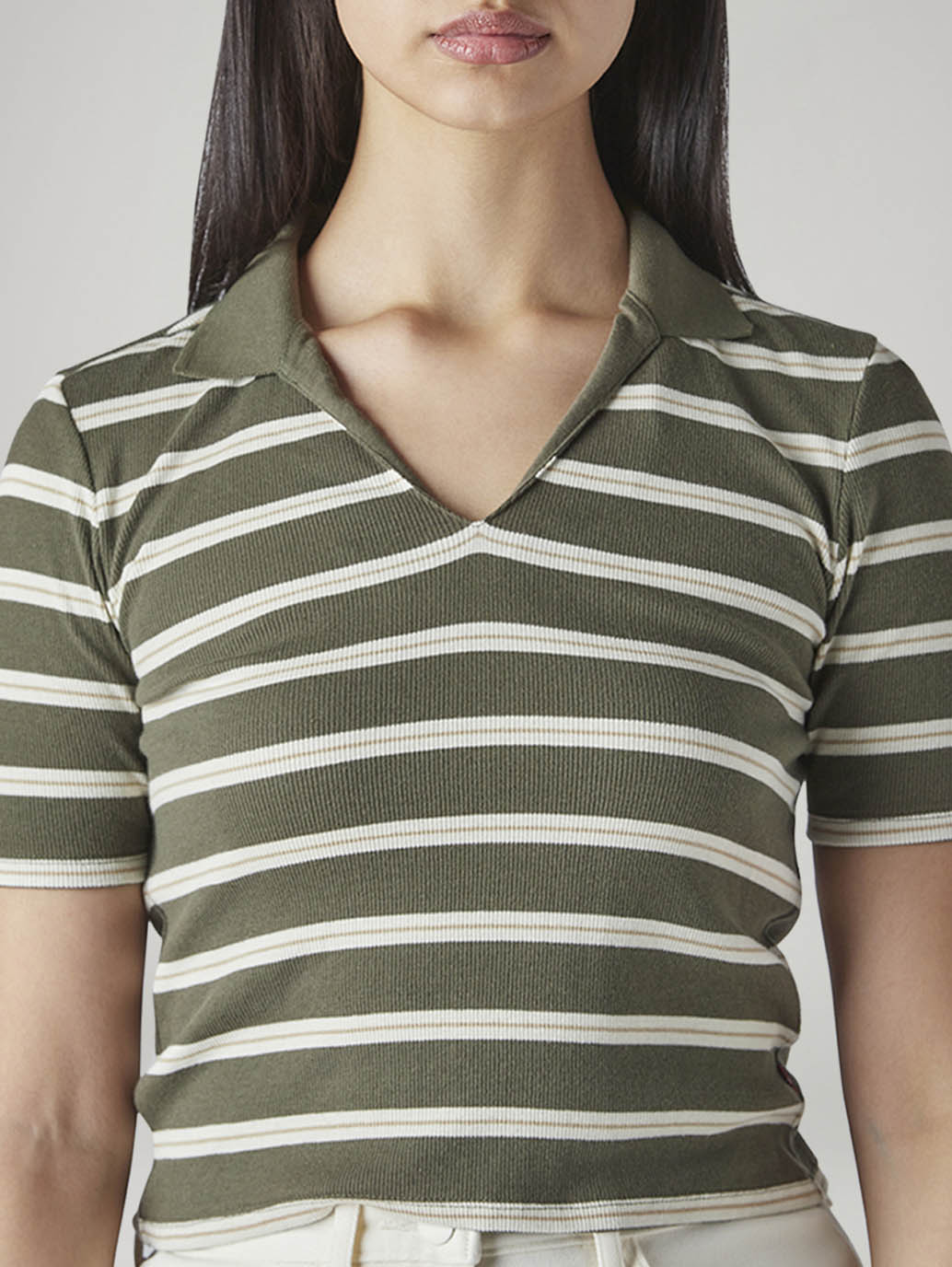 Women's Striped Olive Slim Fit Ribbed Polo T-shirt - Detail View