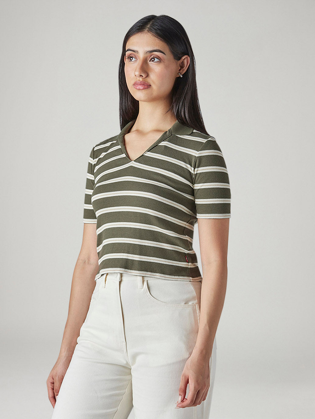 Women's Striped Olive Slim Fit Ribbed Polo T-shirt - Side View