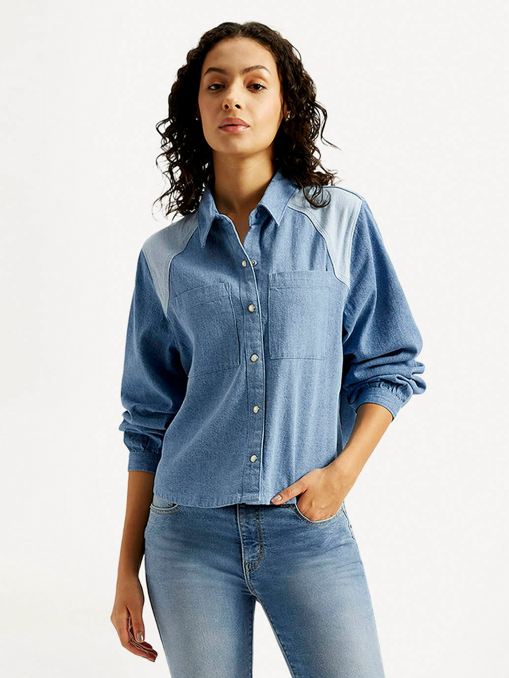 Women's Solid Relaxed Fit Denim Shirt - Styleshot View