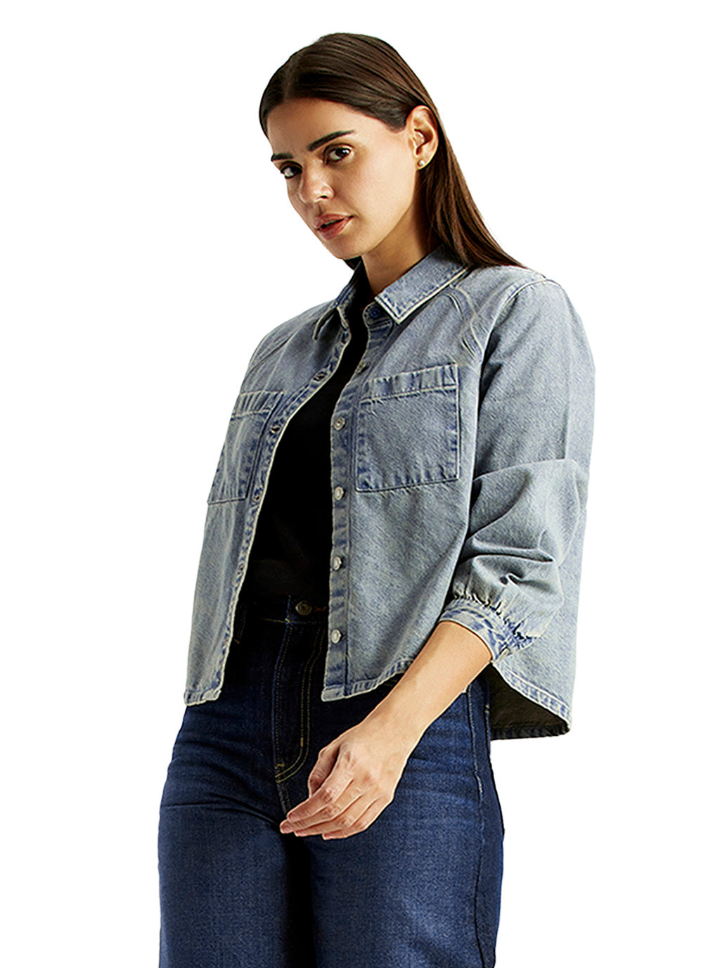 Women's Solid Light Blue Relaxed Fit Denim Shirt - Styleshot View