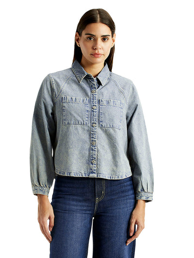 Women's Solid Light Blue Relaxed Fit Denim Shirt